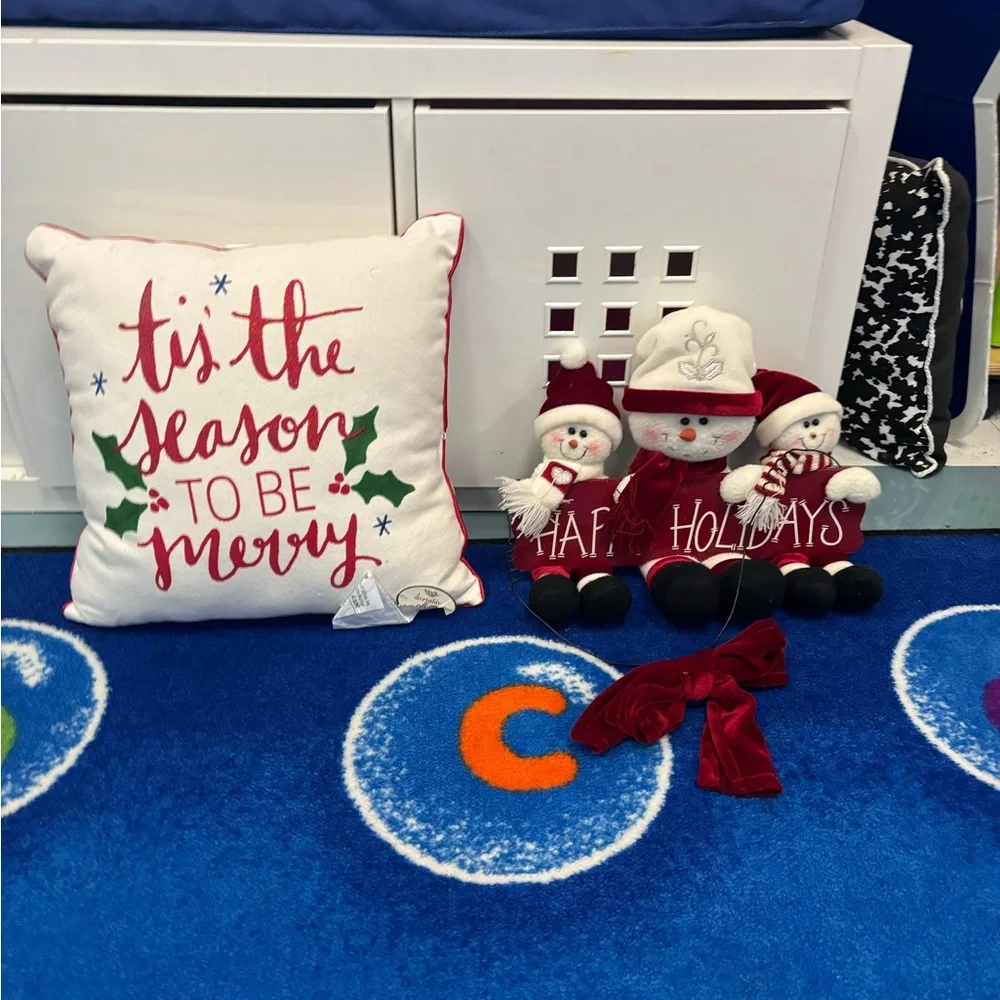Festive Holiday Pillow and Snowman Decor Set for Home or Classroom